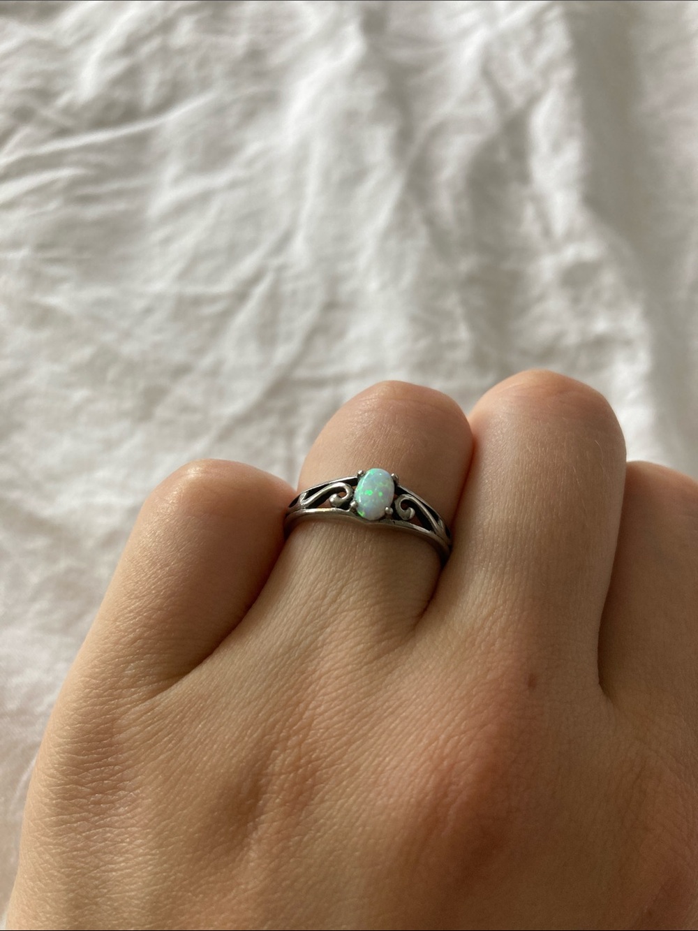 Silver and turquoise Scroll Ring in Iridescent Green-Blue
